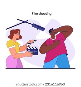 Movie industry. Filming process, famous actor performing on the camera. Film crew mith microphone and clapper. Well-known male artist success. Flat vector illustration