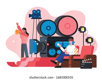 Movie industry. There are big movie film cameras, and there are people who make movies. There is a person sitting on a theater chair watching a movie. flat design style minimal vector illustration.