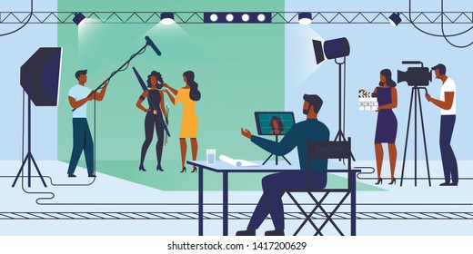 Movie Industry, Young Actress Woman in Fantasy Costume Stand on Chromakey Background with Makeup Artist Girl, Film Recording Process, Crew with Camera and Microphone. Cartoon Flat Vector Illustration