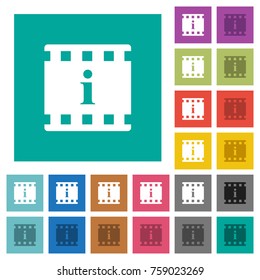 Movie information multi colored flat icons on plain square backgrounds. Included white and darker icon variations for hover or active effects.