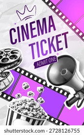 Plantilla de boletos de invitación de película con el texto “Admitir uno”. Diseño de póster de estilo retro inspirado en la cultura cinematográfica, con textura semitono y estética Y2K.