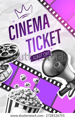 Movie invitation ticket template with “Admit One” text. Retro-style poster design inspired by cinema culture, featuring halftone texture and Y2K aesthetics.