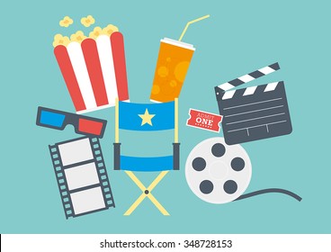 Movie items including popcorn, directors chair, ticket, clapperboard, 3D glasses and film reel