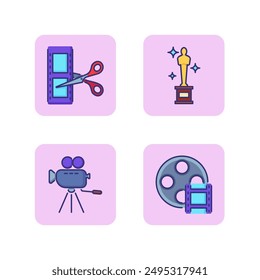 Movie line icon set. Scissors cutting filmstrip, film reel, camera, award. Cinema concept. Vector illustrations can be used for topics like filming, movie production, moviemaking