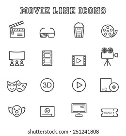 movie line icons, mono vector symbols