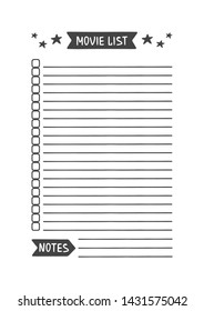 Movie List. Vector Template For Agenda, Planner And Other Stationery. Printable Organizer For Study, School Or Work. Objects Isolated On White Background.