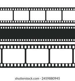 Movie long film strip set isolated on white background. Film strip template. Cinema and filmmaking concept. Vector illustration