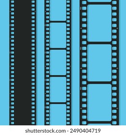 Movie long film strip set on blue background. Film strip template. Cinema and filmmaking concept. Vector illustration