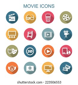 movie long shadow icons, flat vector symbols