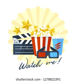 Movie lover print design, vector illustration. Popcorn, soda, 3d glasses, clapper board and golden stars on a white background. 