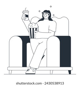 Movie Lovers Eating Popcorn in Cinema Outline Illustration
