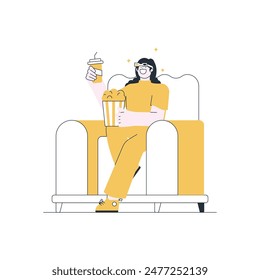Movie Lovers Eating Popcorn in Cinema Outline Illustration
