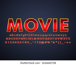 "MOVIE" luxury and cinematic alphabet, modern alphabet design, red and gold font