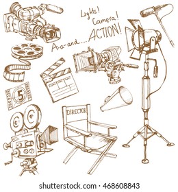 Movie make equipment objects, big vector hand drawn set for your unique design