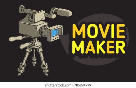 Movie Maker  Design With Isolated Video Camera On A Tripod Artistic Cartoon Hand Drawn Sketchy Line Art Style Drawing Vector Graphic.