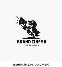 Movie maker logo design with combined cute bird and film equipment illustration