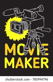 Movie Maker Poster  Design With Isolated Video Camera On A Tripod Artistic Cartoon Hand Drawn Sketchy Line Art Style Drawing Vector Graphic.