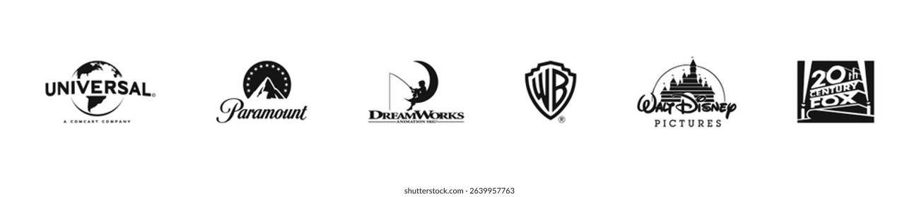 Movie making companies: Universal, Paramount, Dream Works, vector logotype editorial set. Zdolbuniv, Ukraine - May 3, 2025