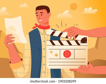 Movie making concept. Actor reads script. Hands holding director clapperboard. Recording film scene and acting on camera. Backstage of film production. Cinema industry. Vector character illustration