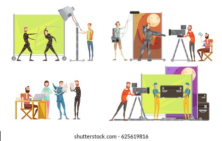 Movie Making Concept With Director Actors At Film Set Cameraman And Sound Engineer Lighting Isolated Vector Illustration