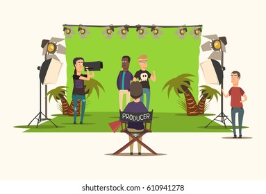 Movie Making Flat Composition With Producer Assistant Cameraman And Actors On White Background Vector Illustration