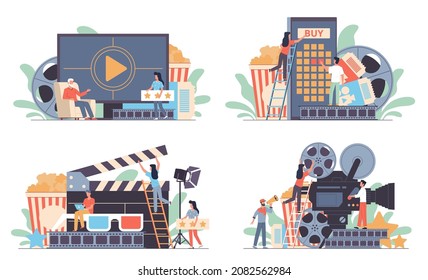 Movie making industry. Cinema production process. Workers with professional equipment shooting films. People buying tickets and rating premieres. Vector entertainment and visual art set