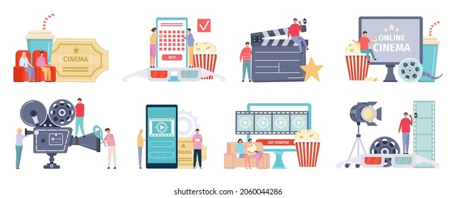 Industria cinematográfica, cine o conceptos de cine en línea. Caricatura de gente viendo películas por teléfono o televisión y comprando juegos vectoriales de entradas. Disparando a los trabajadores con equipo y visitantes