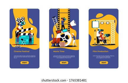 Movie making poster. Film festival, online cinema and movie production banners with cartoon film crew shooting scenes. Vector illustration onboard screens cinema industry
