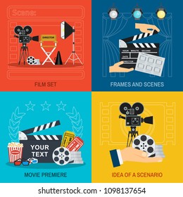 Movie making and premiere concept. Flat vector cartoon illustration. Objects isolated on a white background.