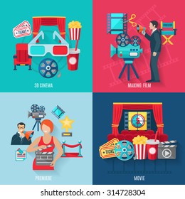 Movie making and premiere icons set with 3d cinema film stars and director flat isolated vector illustration 