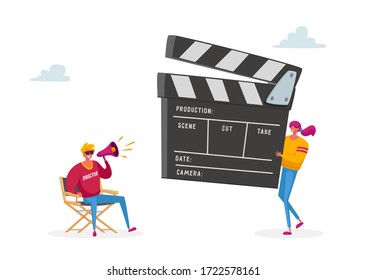 Movie Making Process with Director Character Using Megaphone and Staff with Equipment for Recording Film. Woman Assistant with Clapper Indicating Numbers of Takes. Cartoon People Vector Illustration