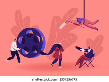 Movie Making Process with Director Using Megaphone and Staff with Professional Equipment for Recording Film. Women Carry Huge Reel Film Bobbin, Girl Hold Microphone. Cartoon Flat Vector Illustration