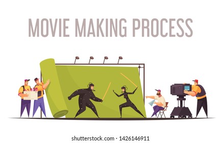 Movie making process flat cartoon composition with film director and camera operator shooting fighting actors vector illustration