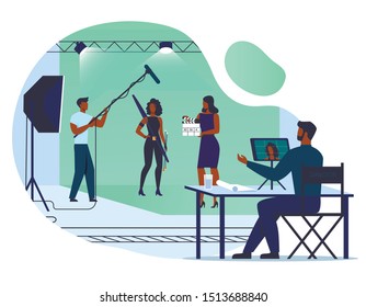 Movie Making Process Flat Vector Illustration. Director, Actress and Sound Engineer Cartoon Characters. Film Production, Shooting Set, People on Green Screen Background. Entertainment Industry