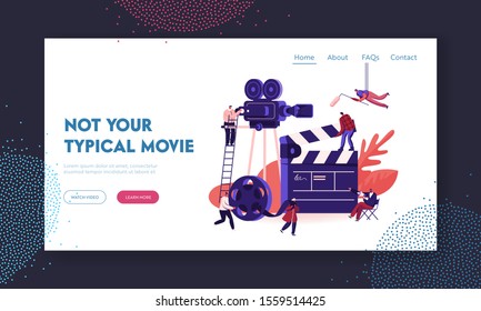 Movie Making Process Website Landing Page. Operator with Camera and Staff with Professional Equipment Recording Film with Actors. Director Megaphone Web Page Banner. Cartoon Flat Vector Illustration