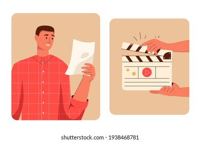 Movie making scene set. Actor reads script. Hands holding director clapperboard. Repetition, recording film scene, backstage of film production. Cinema industry concept. Vector character illustration