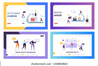 Movie Making Set Concept Landing Page. People Character with Camera Shooting Editing Film in Studio. Virtual Reality Technology Website or Web Page Flat Cartoon Vector Illustration