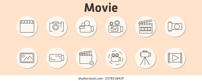 Movie making set icon. Clapper, camera, filming, production, director, roll, storyboard, scene, tripod, recording, action, content creation