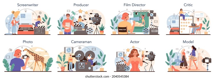 Movie making and showbusiness occupation set. Screenwriter, producer, film director, actor, cameraman, critic, photographer and model. Collection of modern professions. Flat vector illustration