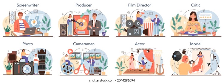 Movie making and showbusiness occupation set. Screenwriter, producer, film director, actor, cameraman, critic, photographer and model. Collection of modern professions. Flat vector illustration