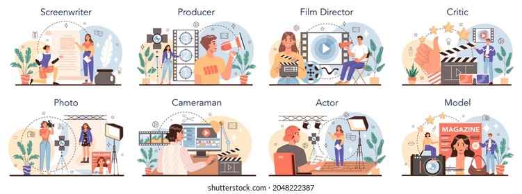 Movie making and showbusiness occupation set. Screenwriter, producer, film director, actor, cameraman, critic, photographer and model. Collection of modern professions. Flat vector illustration