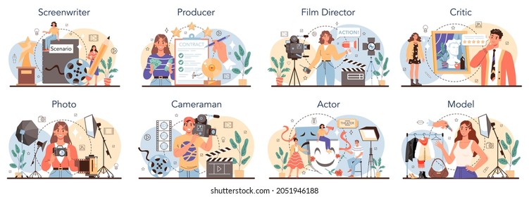 Movie making and showbusiness occupation set. Screenwriter, producer, film director, actor, cameraman, critic, photographer and model. Collection of modern professions. Flat vector illustration