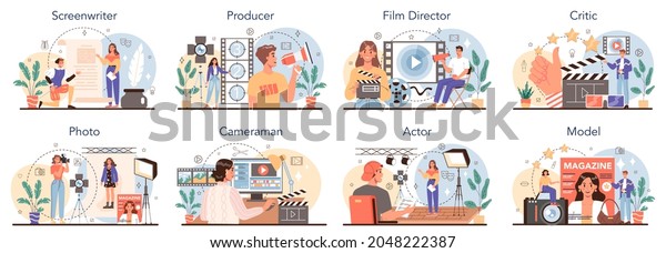 Movie making and showbusiness occupation\
set. Screenwriter, producer, film director, actor, cameraman,\
critic, photographer and model. Collection of modern professions.\
Flat vector illustration
