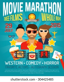 Movie marathon promo poster with actors portraits flat vector illustration