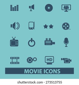 movie, media, cinema, video isolated icons, signs, illustrations website, internet mobile design concept set, vector