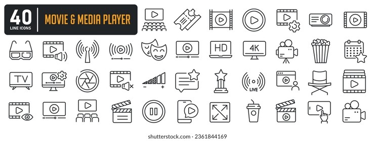 Movie and media player line icons. For website marketing design, logo, app, template, ui, etc. Vector illustration.