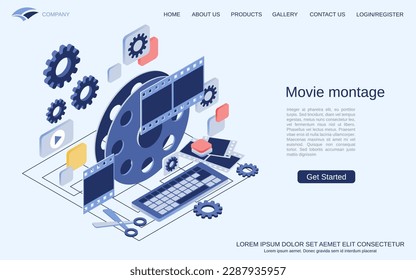 Movie montage, video production modern 3d isometric vector concept illustration. Landing page design template