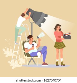 Movie motion production - the operator adjusts the light, the director speaks in a megaphone, an assistant with a clapperboard. Flat Art Vector Illustration