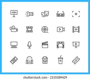 Movie, Musical linear icons and color icons. theater, popcorn, focus, ticket, coupon. Set of cinema, tape, media symbols drawn with thin contour lines. Vector illustration.