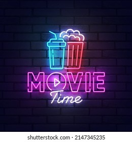 Movie neon sign, bright signboard, light banner. Movie Time logo neon, emblem. Vector illustration